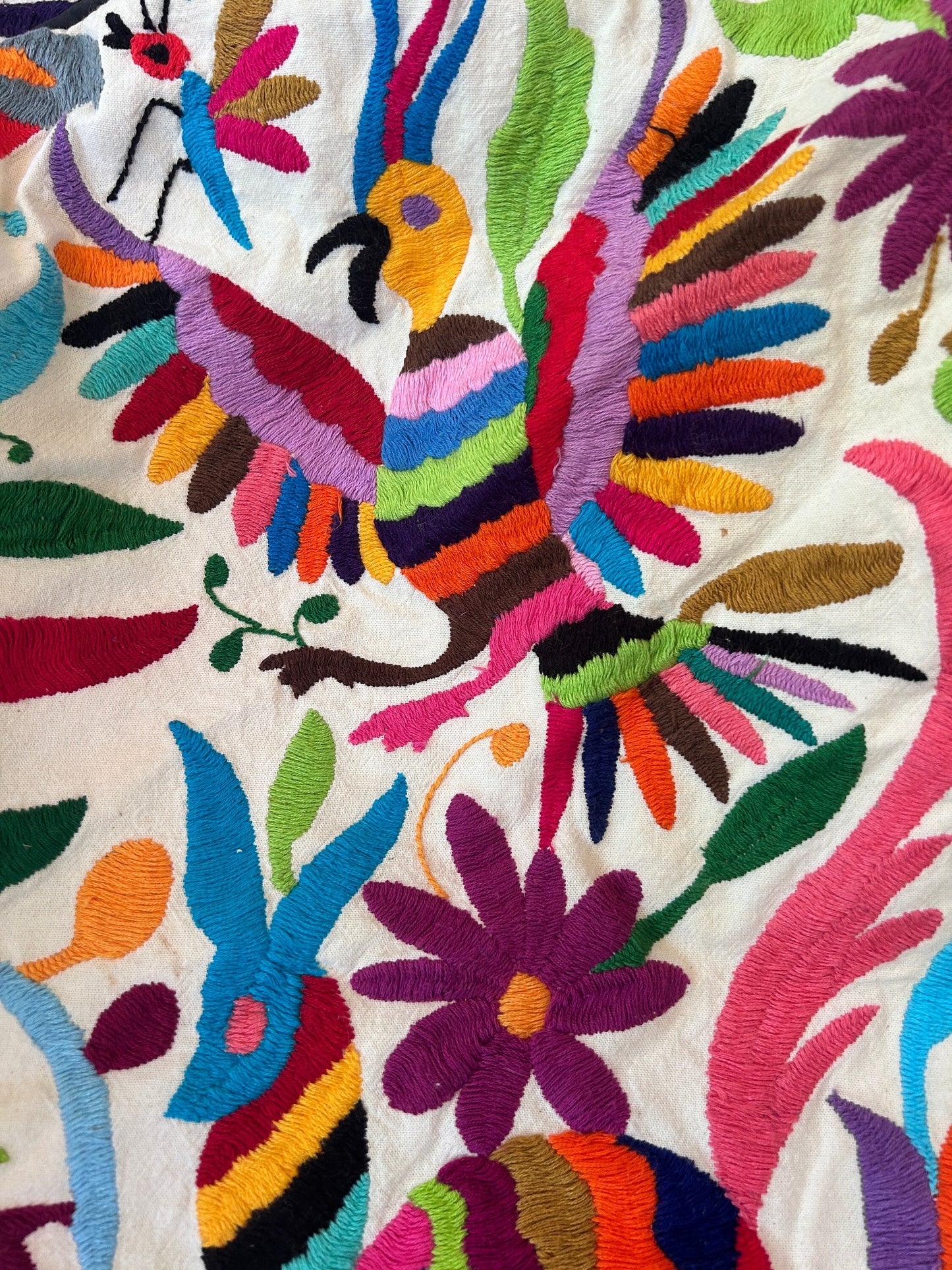 Hand-Embroidered Otomi Pouff– Rainbow & Ivory, Unique Piece 18" X 18"