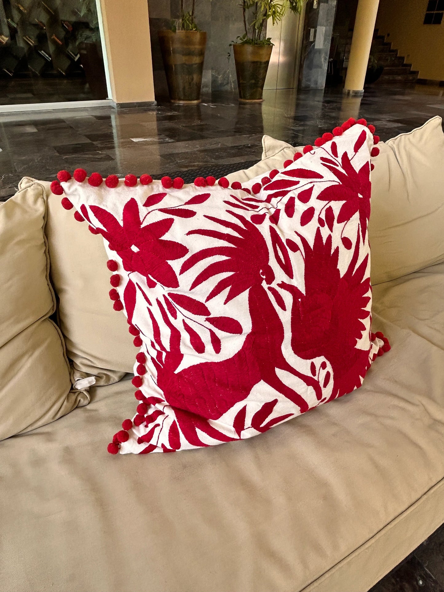 Otomí Embroidered Pillow 23"x23" – Red & Ivory | Handmade Mexican Cushion, Boho Home Decor (Copia)