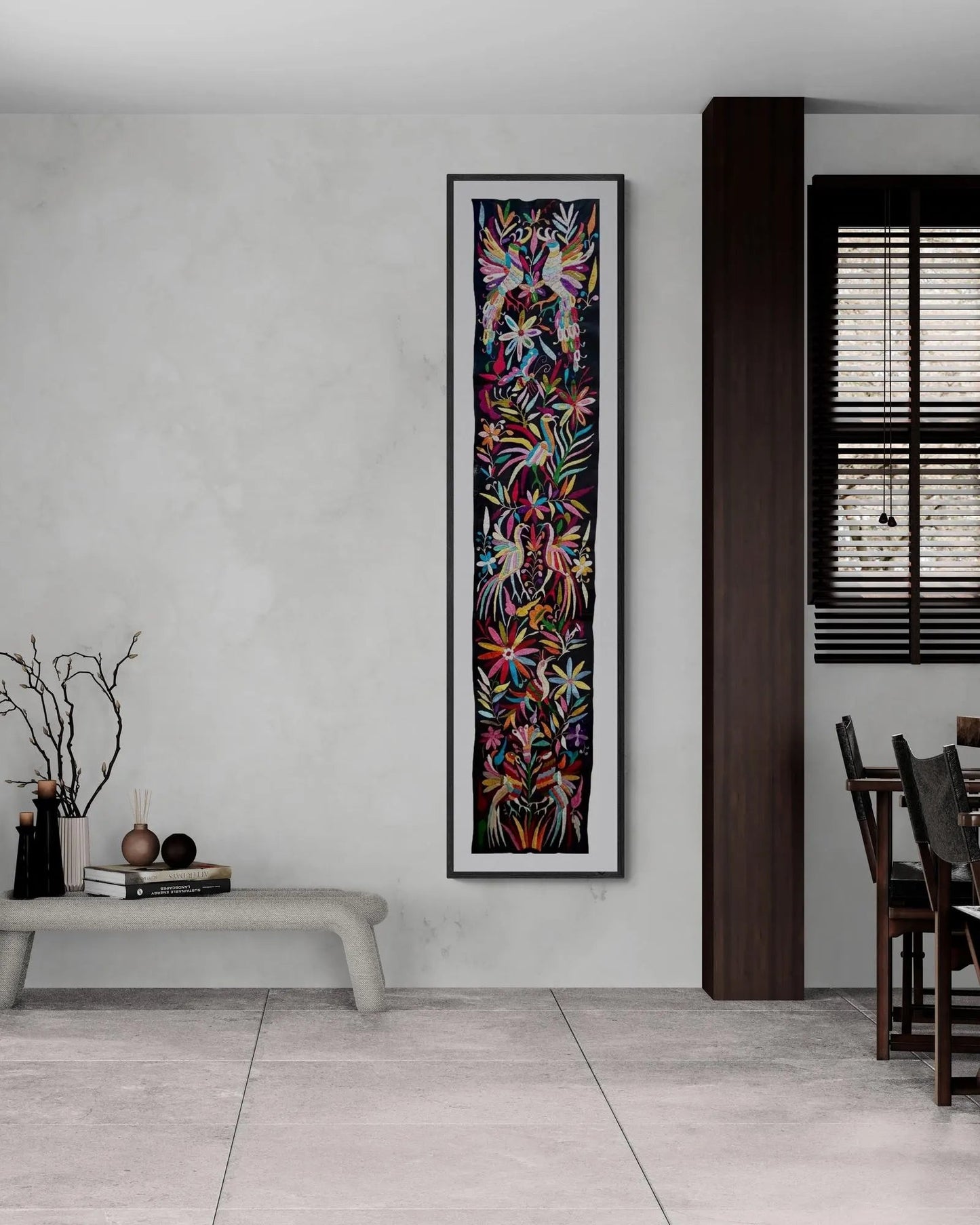 Elegant hand-embroidered Mexican runner in black & multicolor.  18" x 74"
