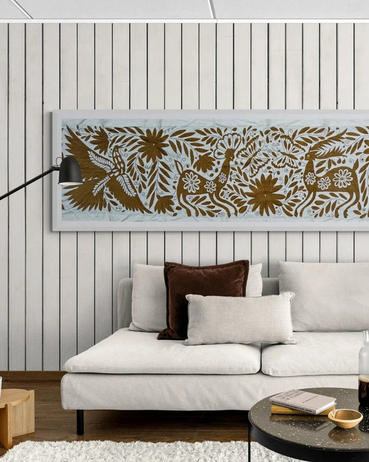 Hand-Embroidered Mexican XL Runner – Ochre & Ivory 24" X 98"