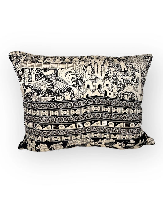 Silk Print Pillow Cover with Pompoms – Black & White 16.5"x20.5"