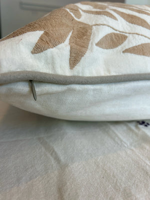 Otomí Embroidered Pillow 23"x23" – Tan & White | Handmade Mexican Cushion, Boho Home Decor