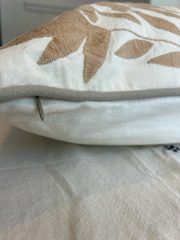 Otomí Embroidered Pillow 23"x23" – Tan & White | Handmade Mexican Cushion, Boho Home Decor