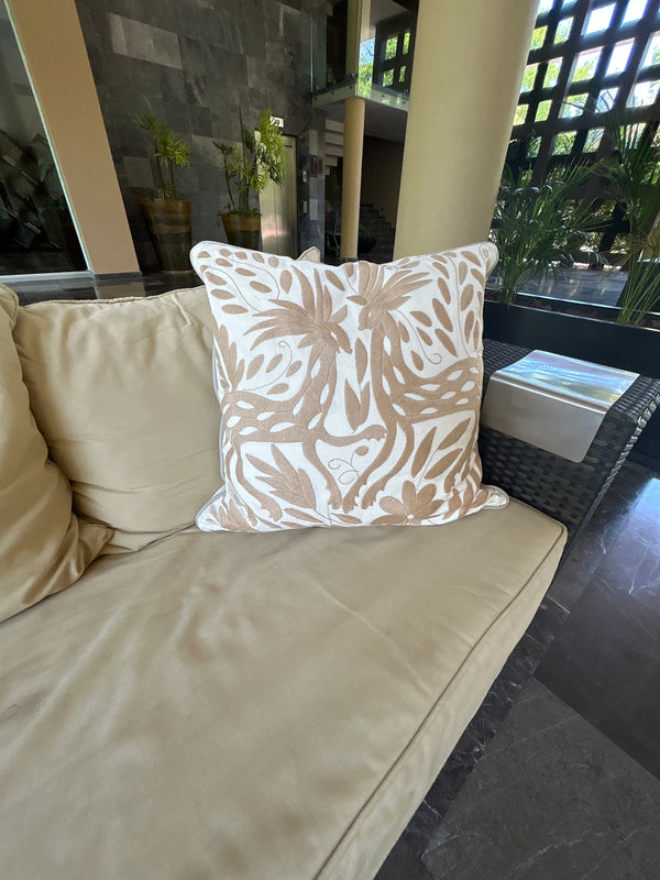 Otomí Embroidered Pillow 23"x23" – Tan & White | Handmade Mexican Cushion, Boho Home Decor