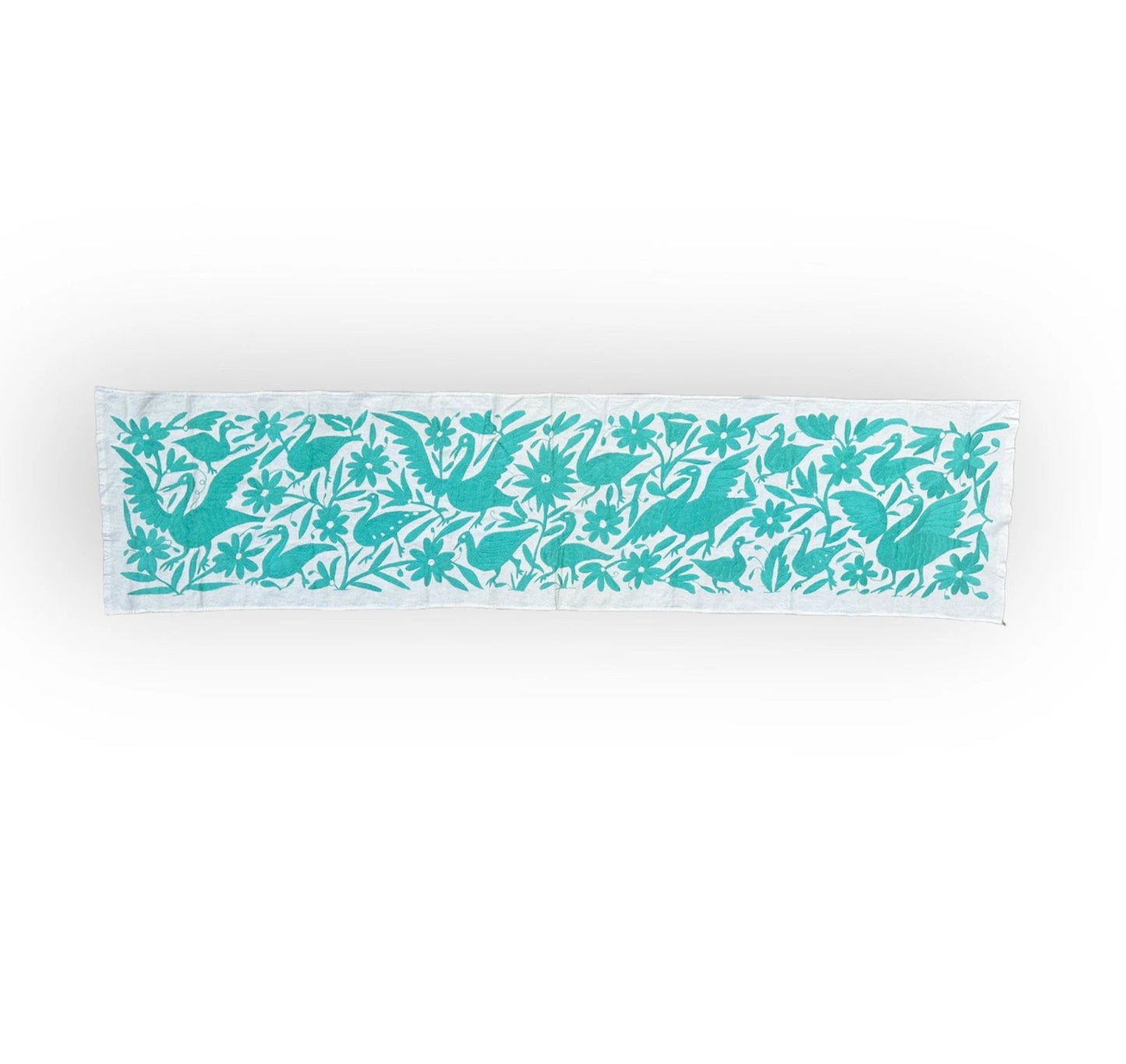 Hand-Embroidered Mexican Runner – Turquoise & Ivory Decor.  18"x74"